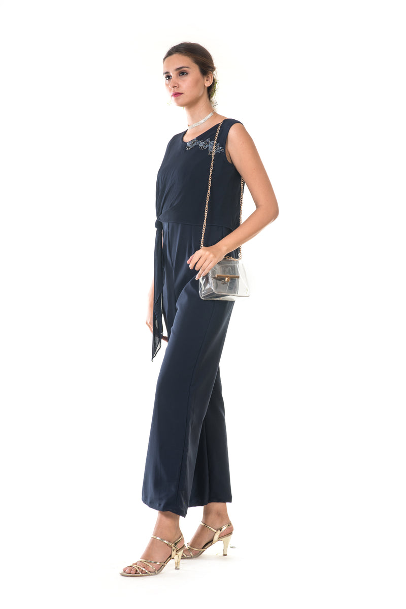 Hand Embroidered Blue Jumpsuit with Tie-Knot Cape