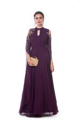 Plum Hand Embroidered Gown with Long Slit Sleeves