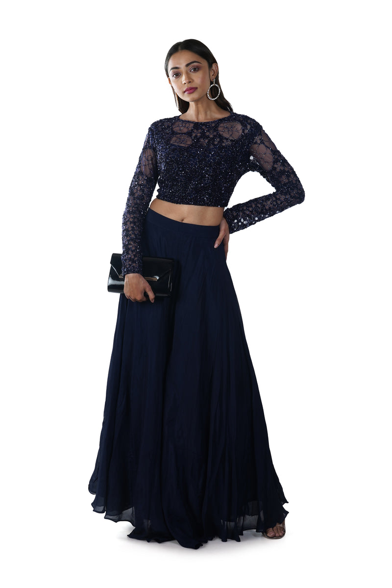 Navy Blue Hand Embroidered Blouse paired with a Navy Blue Skirt