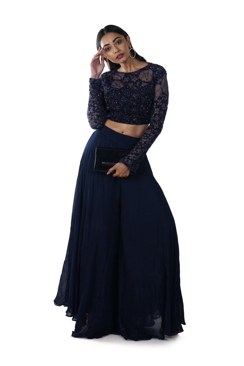 Navy Blue Hand Embroidered Blouse paired with a Navy Blue Skirt