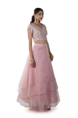 Pink Hand Embroidered Overlapped Style Bow-Tie Blouse paired with a Layered Lehenga