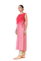 Embroidered Shaded Pink & Tomato Red Tunic with A Cowl Neckline