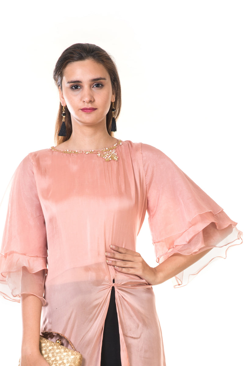 Hand Embroidered Rose Gold Layered Bell Sleeves High Low Tie-Knot Tunic
