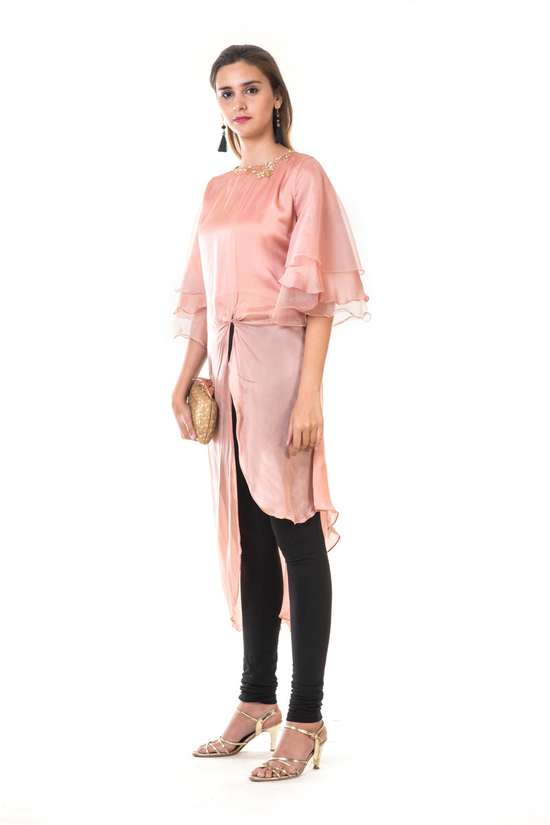 Hand Embroidered Rose Gold Layered Bell Sleeves High Low Tie-Knot Tunic
