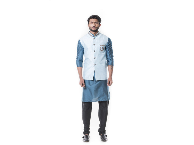 Blue kurta and  Black Churidar with Powder Blue Waist Coat Set