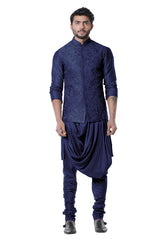 Space Blue Cowl Kurta with Full Embroidered Blue Waist Coat set.