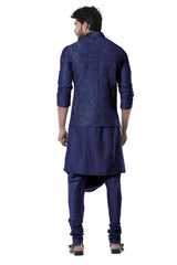 Space Blue Cowl Kurta with Full Embroidered Blue Waist Coat set.