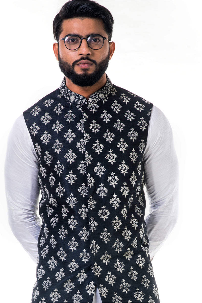 White Linen Satin Kurta Set With a  Black Silk Nehru Jacket With White Cord Floral Embroidery