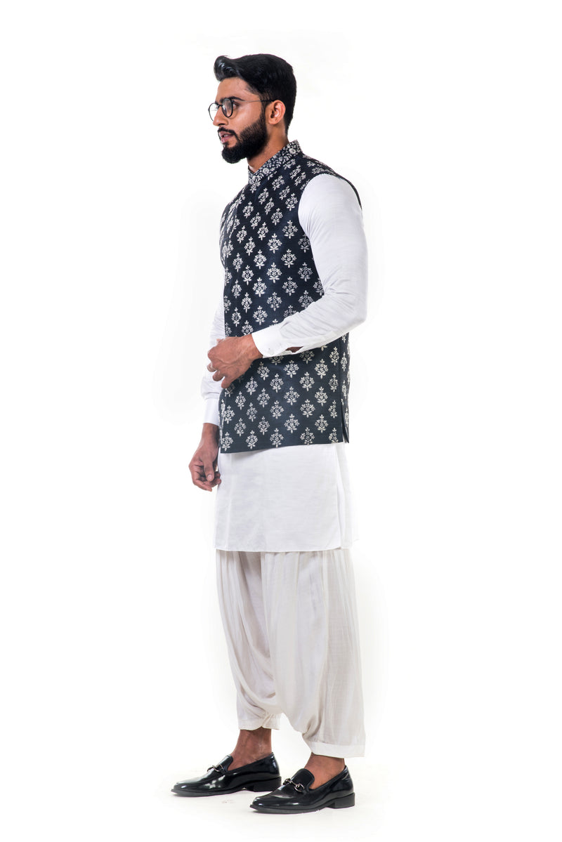 White Linen Satin Kurta Set With a  Black Silk Nehru Jacket With White Cord Floral Embroidery