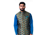 Blue Katan Silk Kurta Set With a Multicolour Scallop Nehru Jacket