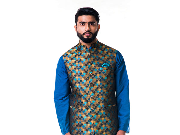 Blue Katan Silk Kurta Set With a Multicolour Scallop Nehru Jacket