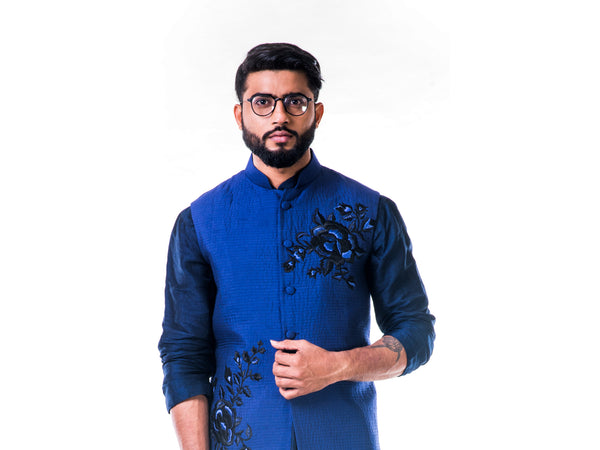 Blue Quilted Jacket With Thread Work Embroidery