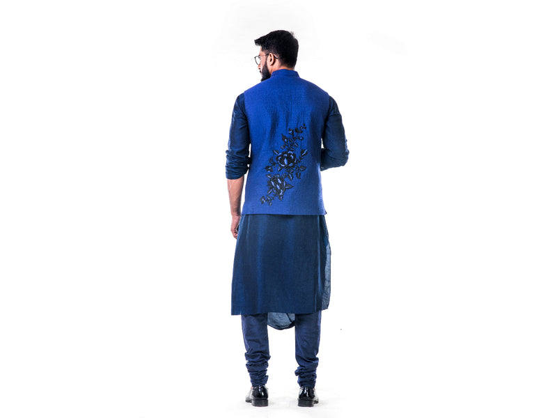 Blue Quilted Jacket With Thread Work Embroidery