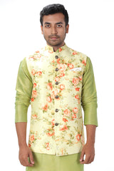 Green Kurta Set paired with a Summery Floral Printed Jacket