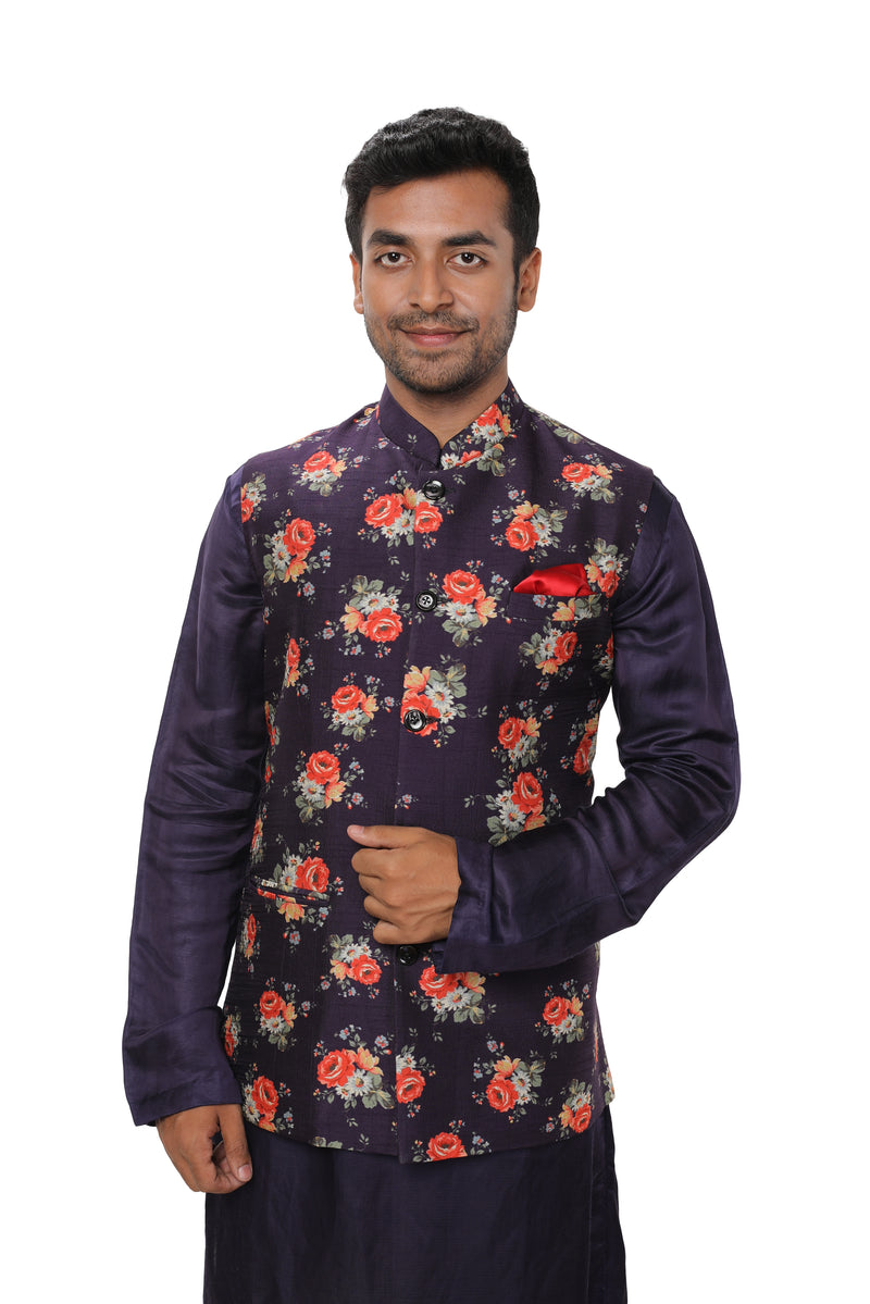 Purple Side Buttoned Kurta Set with a Floral Digital Print Jacket