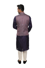 Purple Kurta with Side Button Panel paired with a Overlap Textured Nehru Jacket