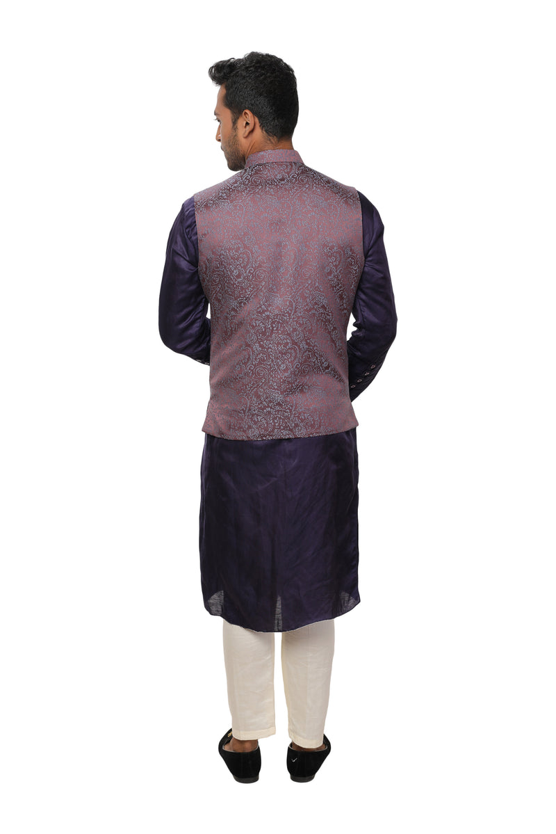 Purple Kurta with Side Button Panel paired with a Overlap Textured Nehru Jacket