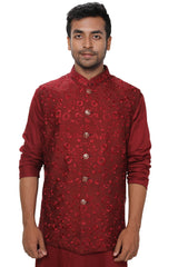 Red Kurta & Churidar with a Red Floral Threadwork Embroidered Nehru Jacket Set