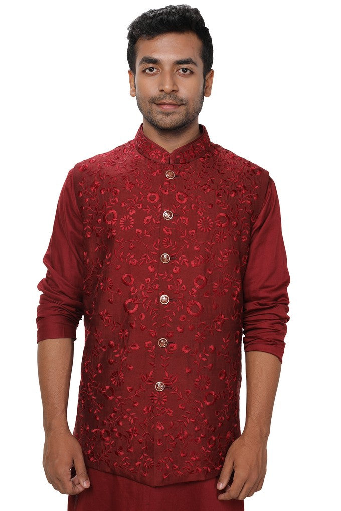 Silk Kurta & Churidar with a Floral Threadwork Embroidered Nehru Jacket Set