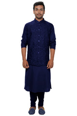 Blue Kurta & Churidar with a Blue Floral Threadwork Embroidered Nehru Jacket Set