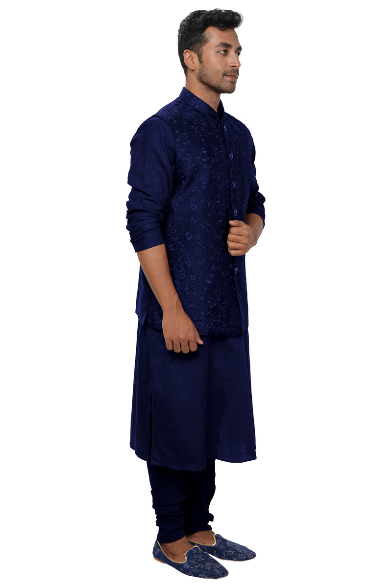 Blue Kurta & Churidar with a Blue Floral Threadwork Embroidered Nehru Jacket Set