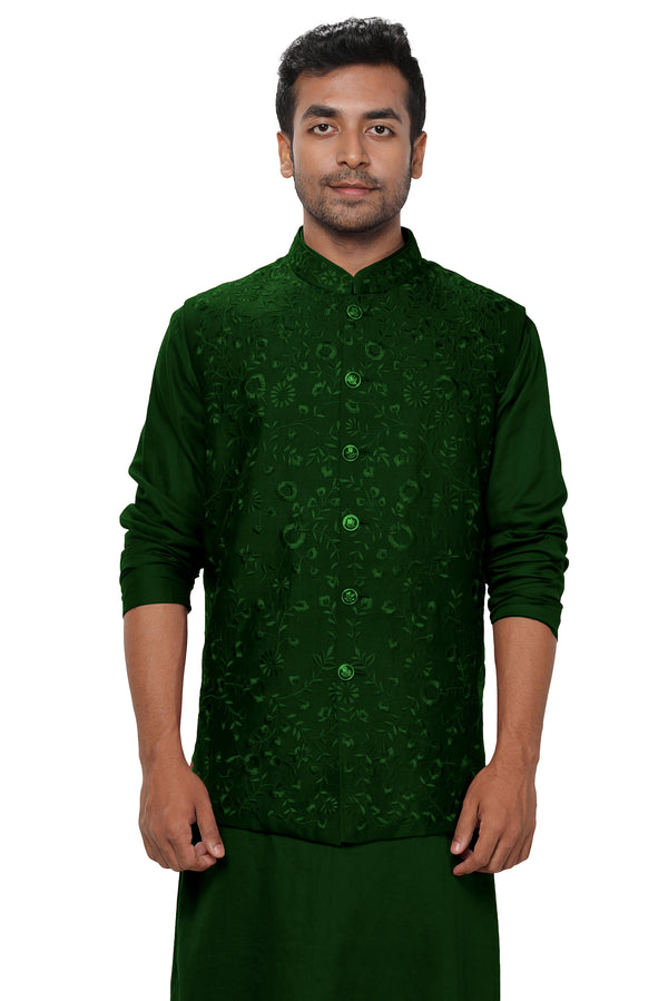 Green Kurta & Churidar with a Green Floral Threadwork Embroidered Nehru Jacket Set