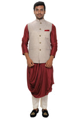 Maroon Cowl Drape Kurta Set paired with an Off White & Gold Self Embroidered Nehru Jacket