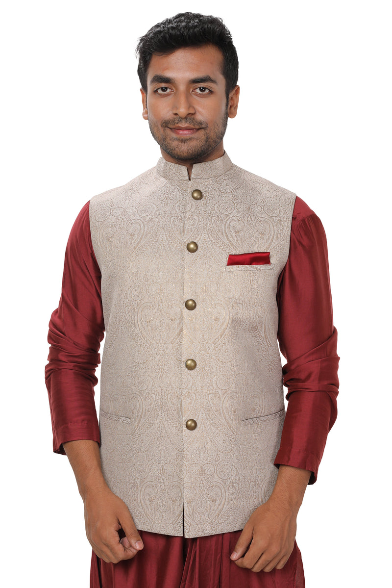 Maroon Cowl Drape Kurta Set paired with an Off White & Gold Self Embroidered Nehru Jacket