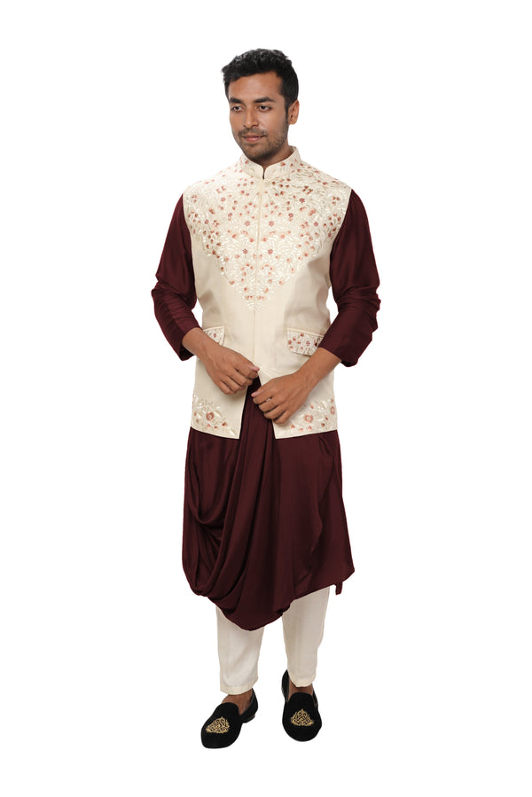 Brown Cowl Kurta Set paired with an Off White Threadwork Jacket with Flap Pockets