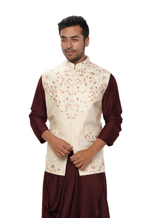 Brown Cowl Kurta Set paired with an Off White Threadwork Jacket with Flap Pockets