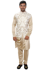 Royal Gold Cowl Draped Kurta Set paired with a White & Gold Embroidered Jacket