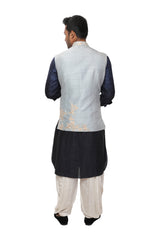 Sky Blue Floral Embroideried Nehru Jacket with a Navy Kurta & Salwar Set