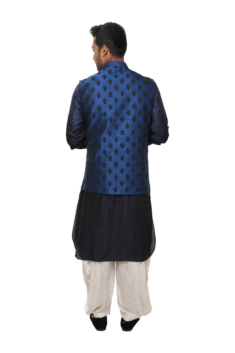 Navy Kurta Salwar Set paired with Royal Blue Hand Embroidered Nehru Jacket