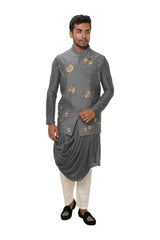 Grey Cowl Drape Kurta Set with a Royal Gold, Threadwork Embroidered Nehru Jacket
