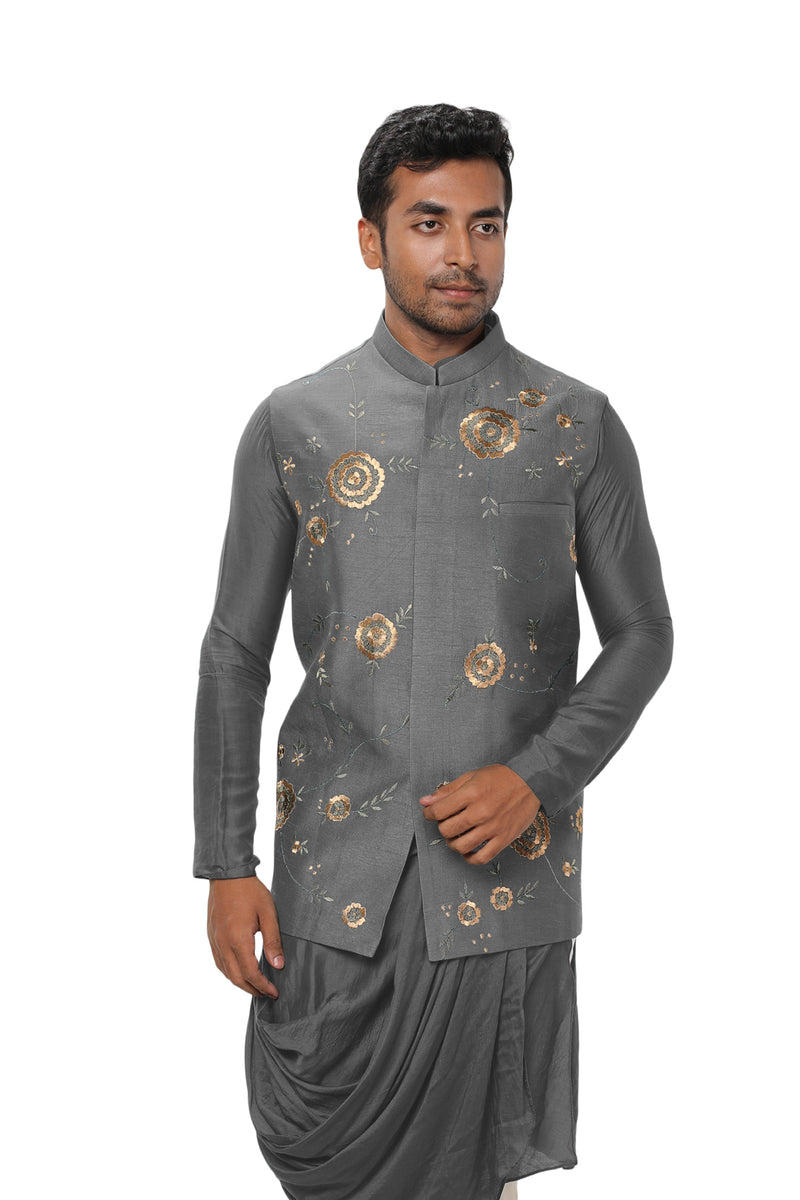Grey Cowl Drape Kurta Set with a Royal Gold, Threadwork Embroidered Nehru Jacket