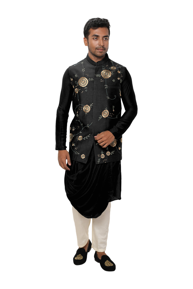 Black Cowl Drape Kurta Set with a Royal Gold, Threadwork Embroidered Nehru Jacket