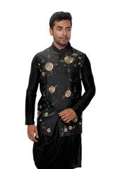 Black Cowl Drape Kurta Set with a Royal Gold, Threadwork Embroidered Nehru Jacket
