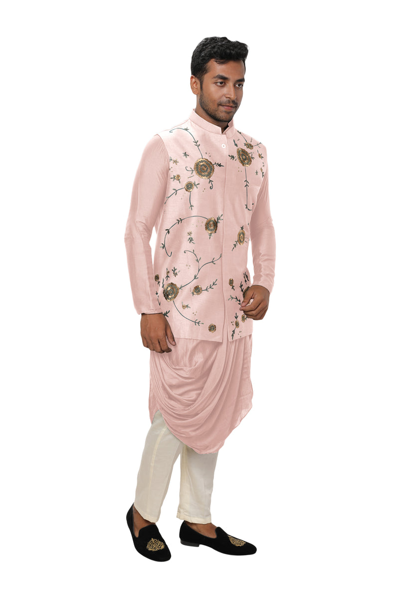 Pastel Pink Cowl Drape Kurta Set with a Royal Gold, Threadwork Embroidered Nehru Jacket