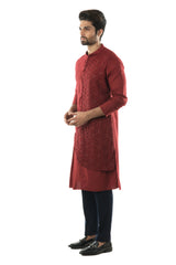 Maroon Overlapped Hand Embroidered Kurta Set embellished with French Knots