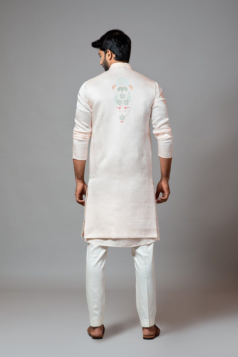 Multicolour Embroidered Long Nehru With Kurta And Pant Pyjama Set