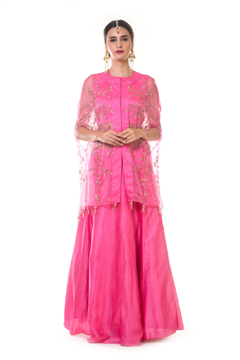 Fuschia Pink Blouse & Lehenga Set with an Hand Embroidered Cape