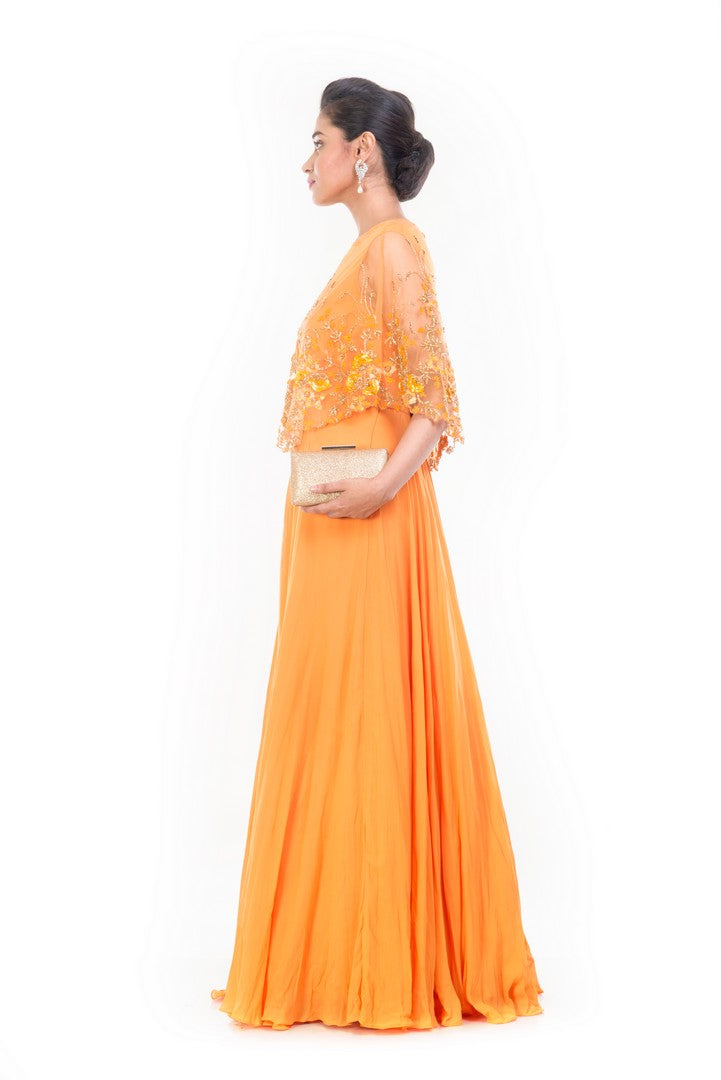 Mustard Yellow Gown With Embroidered Cape