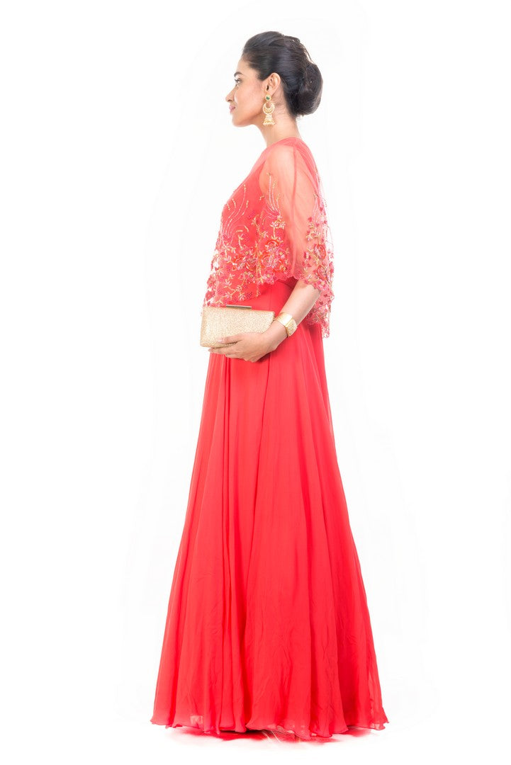 Tomato Red Gown With Embroidered Cape