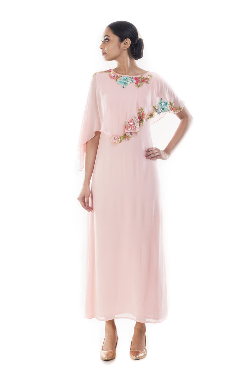 Carnation Pink Floral Embroidered Cape Tunic