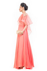 Light Salmon Gown With Long Cape