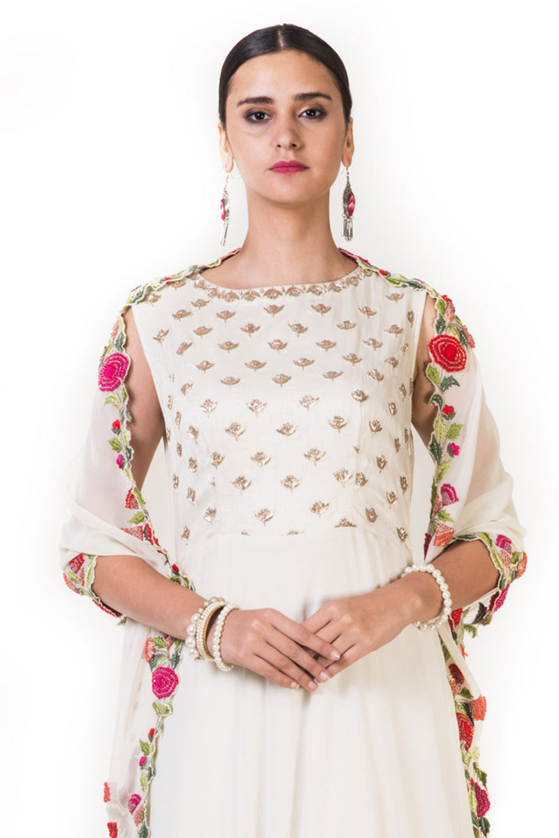 Off-white Embroidered Gown with a Floral Embroidered Scarf Dupatta
