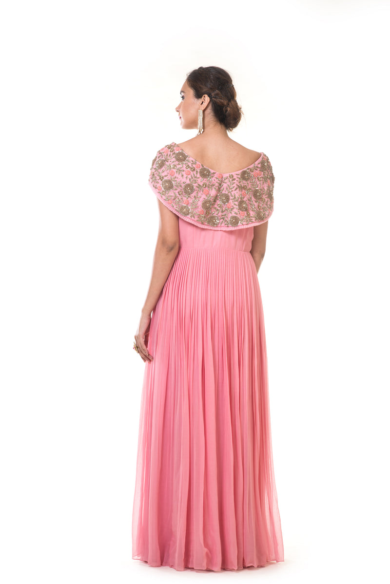 Hand Embroidered Rose Pink Cape Style Micro Pleated Gown