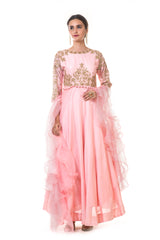 Pink Hand Embroidered Anarkali with A Frill Dupatta