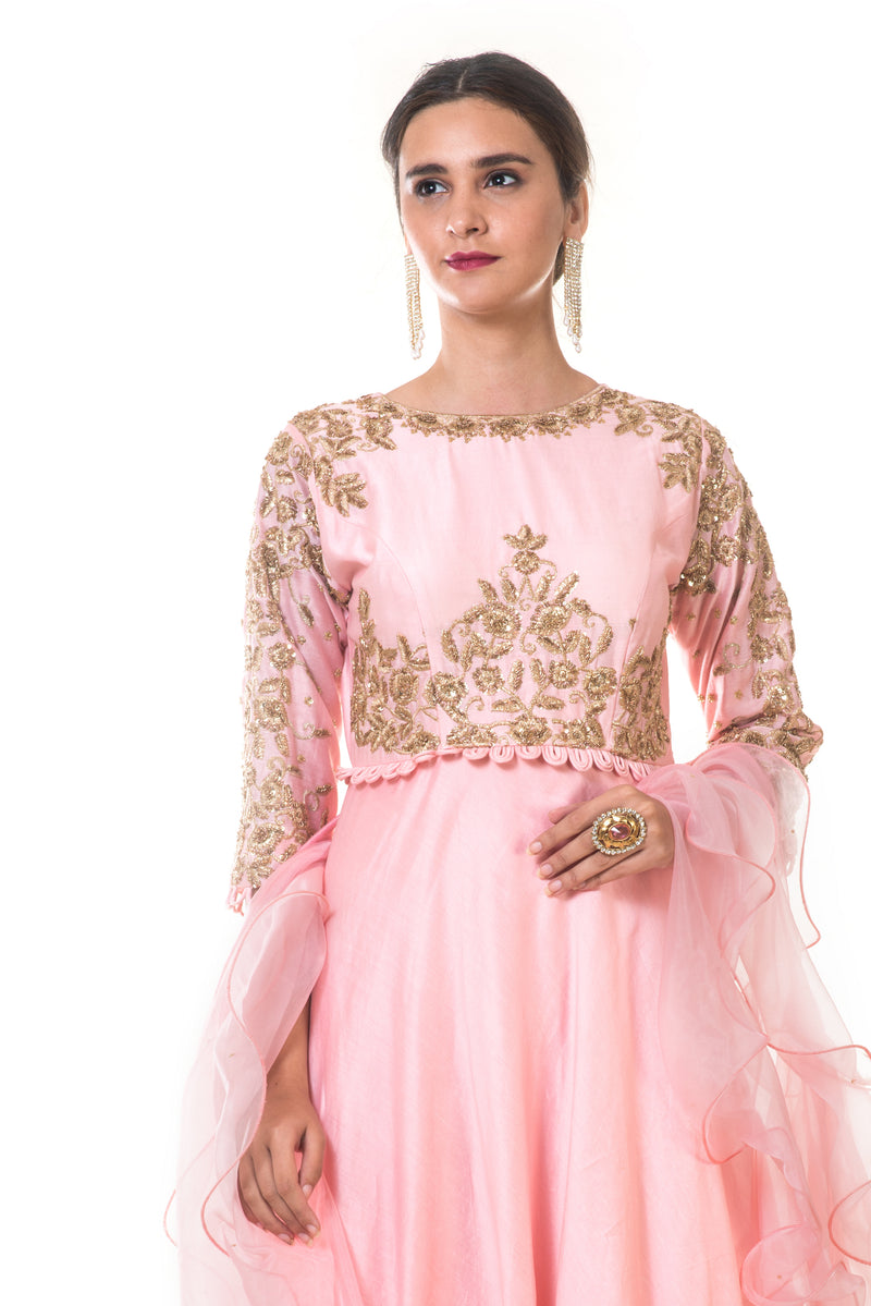 Pink Hand Embroidered Anarkali with A Frill Dupatta