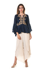 Hand Embroidered Peplum Top with Bell Sleeves & Dhoti Pant